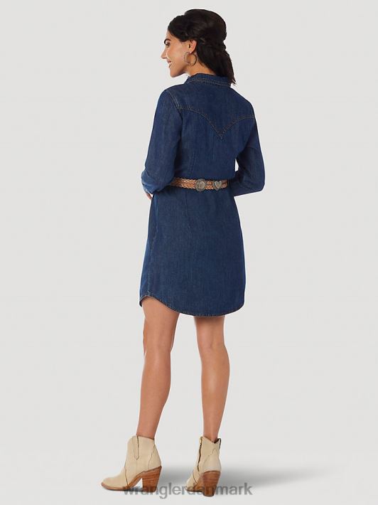 tøj Wrangler langærmet western-denimkjole med trykknapper mørk denim (lwd709d) Kvinder 06DT4853