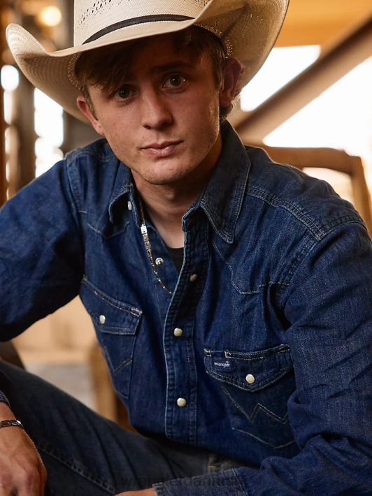 tøj Wrangler cowboy cut langærmet western denim arbejdsskjorte med trykknapper mørk denim (ms1041d) Mænd 06DT4406