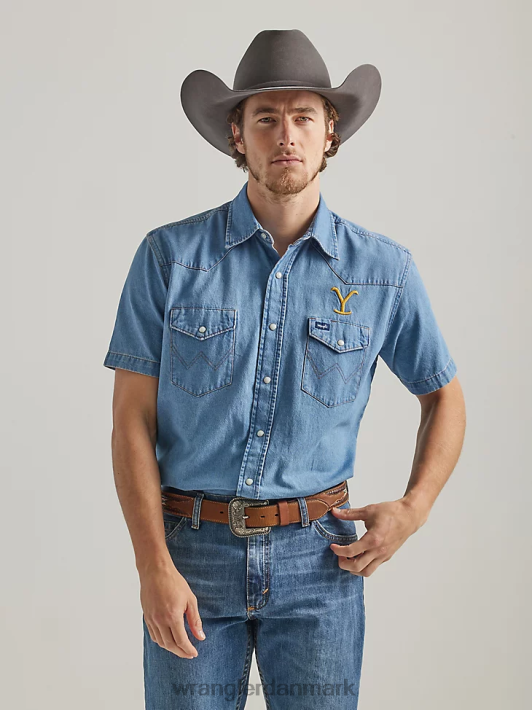 tøj Wrangler x Yellowstone kortærmet chambray arbejdsskjorte stonewash indigo (112337485) Mænd 06DT4505